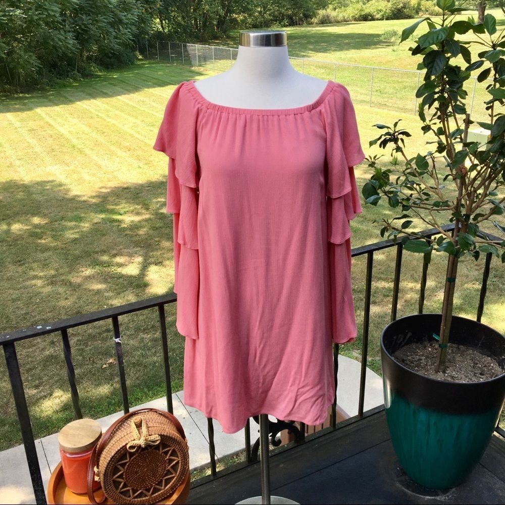 WAYF Boho Pinky Peach Tier Bell Sleeve Mini Dress NWT Size Medium